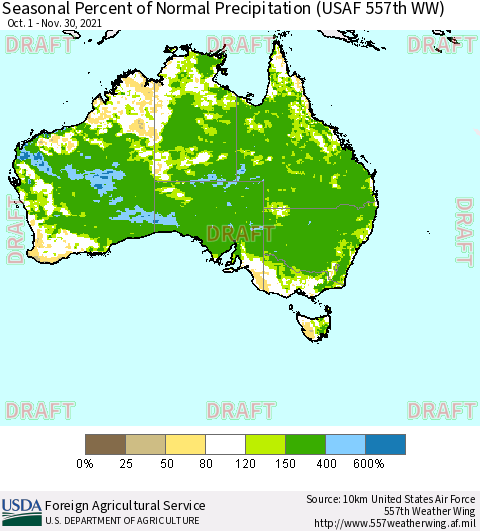 Australia Seasonal Percent of Normal Precipitation (USAF 557th WW) Thematic Map For 10/1/2021 - 11/30/2021