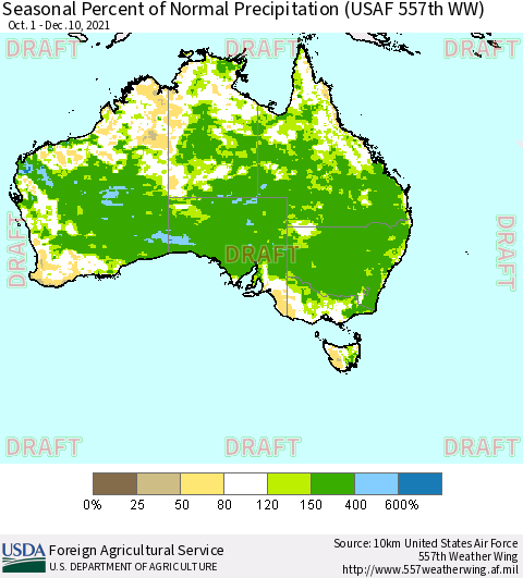 Australia Seasonal Percent of Normal Precipitation (USAF 557th WW) Thematic Map For 10/1/2021 - 12/10/2021