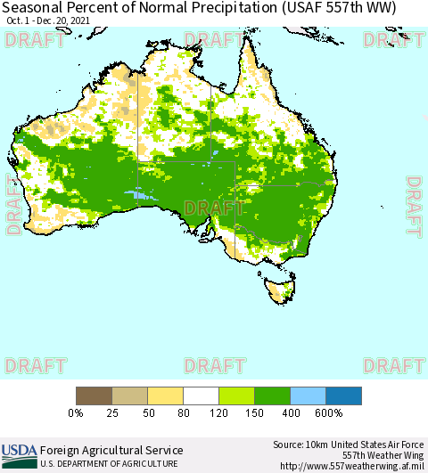 Australia Seasonal Percent of Normal Precipitation (USAF 557th WW) Thematic Map For 10/1/2021 - 12/20/2021
