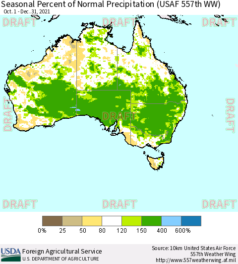 Australia Seasonal Percent of Normal Precipitation (USAF 557th WW) Thematic Map For 10/1/2021 - 12/31/2021