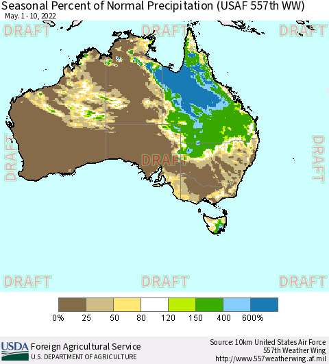 Australia Seasonal Percent of Normal Precipitation (USAF 557th WW) Thematic Map For 5/1/2022 - 5/10/2022