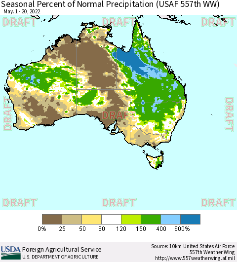 Australia Seasonal Percent of Normal Precipitation (USAF 557th WW) Thematic Map For 5/1/2022 - 5/20/2022