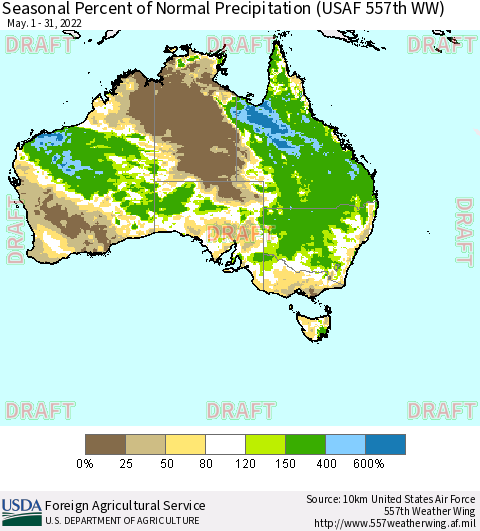 Australia Seasonal Percent of Normal Precipitation (USAF 557th WW) Thematic Map For 5/1/2022 - 5/31/2022