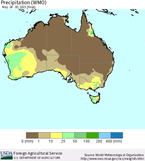 Australia Precipitation (WMO) Thematic Map For 5/24/2021 - 5/30/2021