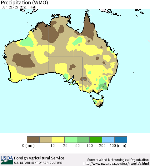 Australia Precipitation (WMO) Thematic Map For 6/21/2021 - 6/27/2021