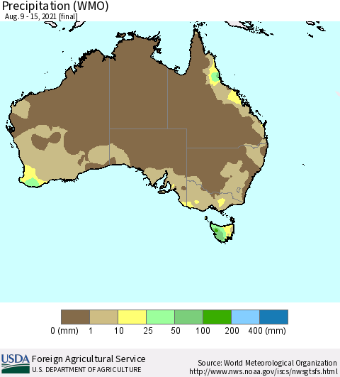 Australia Precipitation (WMO) Thematic Map For 8/9/2021 - 8/15/2021