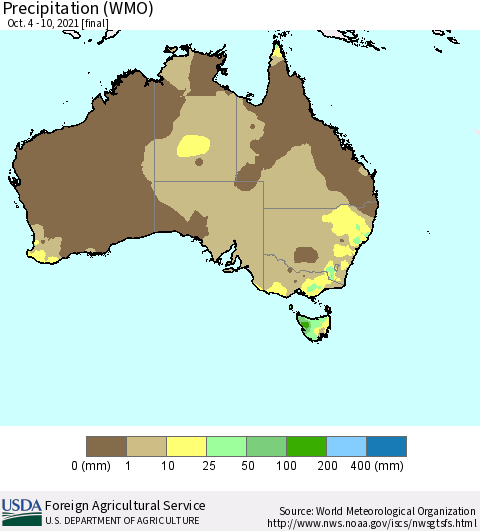 Australia Precipitation (WMO) Thematic Map For 10/4/2021 - 10/10/2021