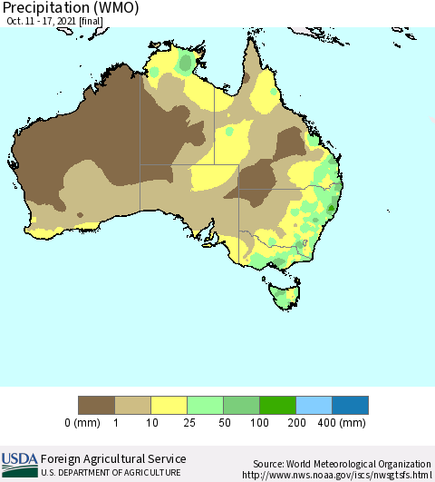 Australia Precipitation (WMO) Thematic Map For 10/11/2021 - 10/17/2021