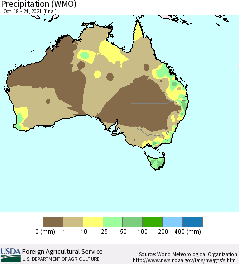 Australia Precipitation (WMO) Thematic Map For 10/18/2021 - 10/24/2021