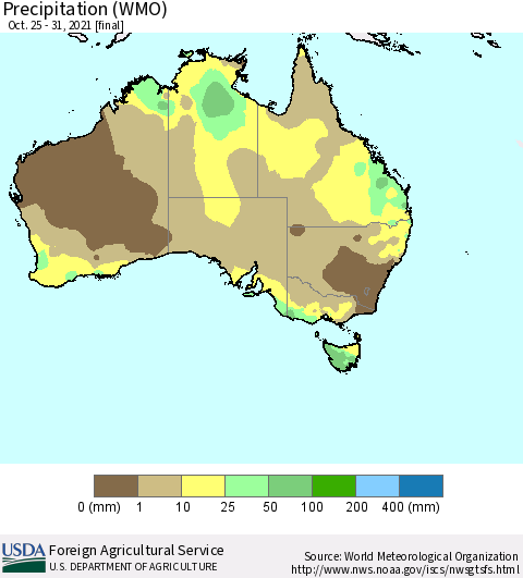 Australia Precipitation (WMO) Thematic Map For 10/25/2021 - 10/31/2021