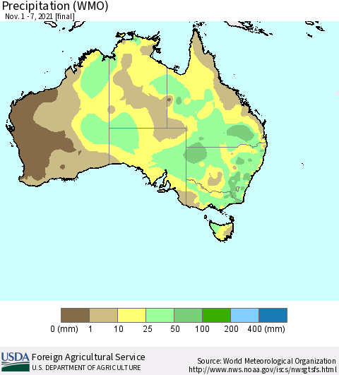 Australia Precipitation (WMO) Thematic Map For 11/1/2021 - 11/7/2021