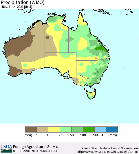 Australia Precipitation (WMO) Thematic Map For 11/8/2021 - 11/14/2021
