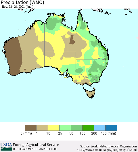 Australia Precipitation (WMO) Thematic Map For 11/22/2021 - 11/28/2021