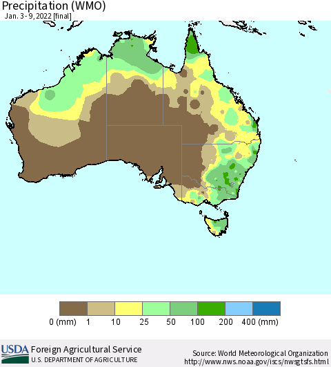 Australia Precipitation (WMO) Thematic Map For 1/3/2022 - 1/9/2022