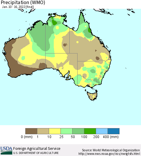 Australia Precipitation (WMO) Thematic Map For 1/10/2022 - 1/16/2022