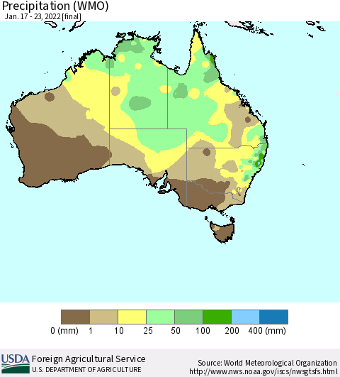Australia Precipitation (WMO) Thematic Map For 1/17/2022 - 1/23/2022