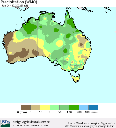 Australia Precipitation (WMO) Thematic Map For 1/24/2022 - 1/30/2022