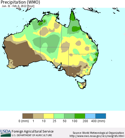 Australia Precipitation (WMO) Thematic Map For 1/31/2022 - 2/6/2022