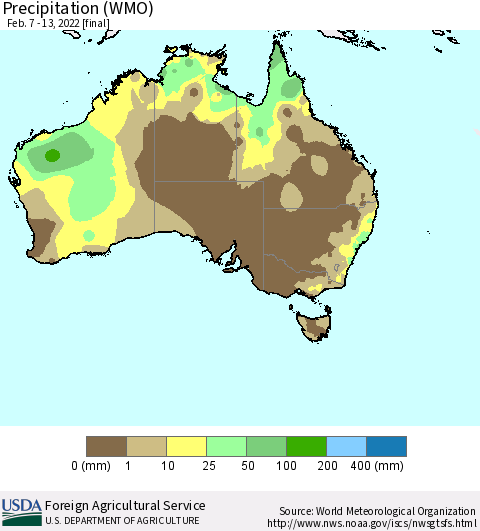Australia Precipitation (WMO) Thematic Map For 2/7/2022 - 2/13/2022