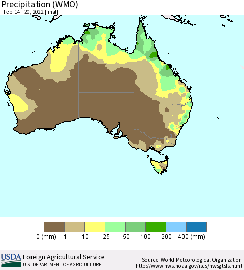 Australia Precipitation (WMO) Thematic Map For 2/14/2022 - 2/20/2022
