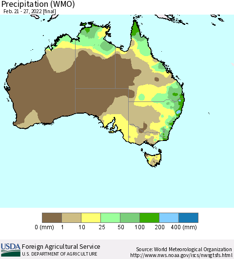 Australia Precipitation (WMO) Thematic Map For 2/21/2022 - 2/27/2022