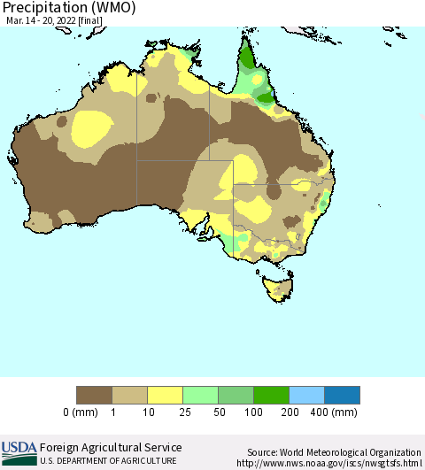 Australia Precipitation (WMO) Thematic Map For 3/14/2022 - 3/20/2022