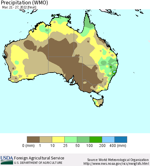 Australia Precipitation (WMO) Thematic Map For 3/21/2022 - 3/27/2022