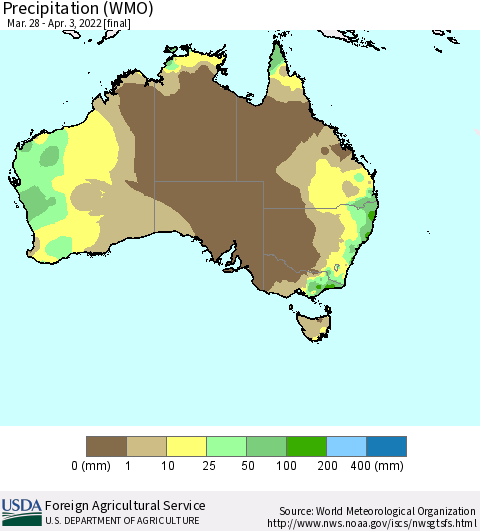Australia Precipitation (WMO) Thematic Map For 3/28/2022 - 4/3/2022
