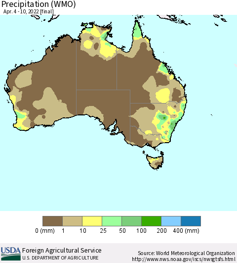 Australia Precipitation (WMO) Thematic Map For 4/4/2022 - 4/10/2022