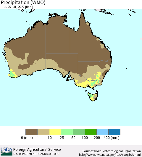 Australia Precipitation (WMO) Thematic Map For 7/25/2022 - 7/31/2022