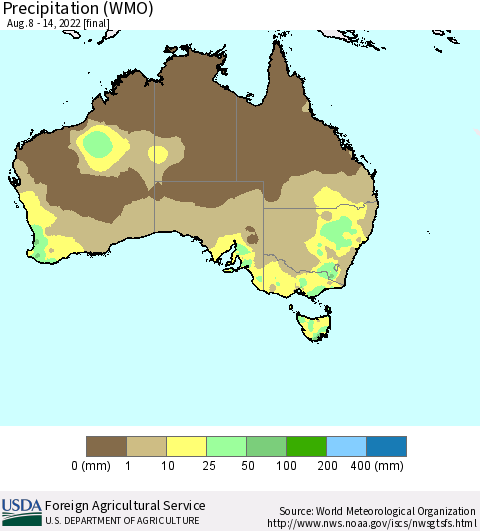 Australia Precipitation (WMO) Thematic Map For 8/8/2022 - 8/14/2022