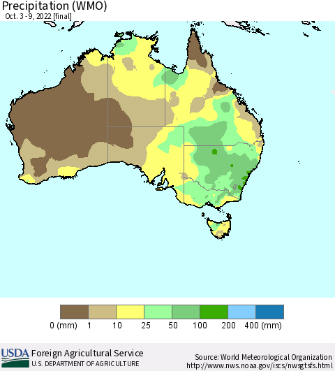 Australia Precipitation (WMO) Thematic Map For 10/3/2022 - 10/9/2022