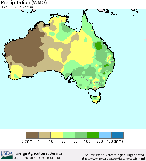 Australia Precipitation (WMO) Thematic Map For 10/17/2022 - 10/23/2022