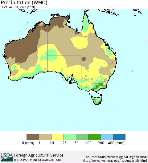 Australia Precipitation (WMO) Thematic Map For 10/24/2022 - 10/30/2022