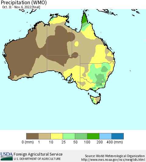 Australia Precipitation (WMO) Thematic Map For 10/31/2022 - 11/6/2022