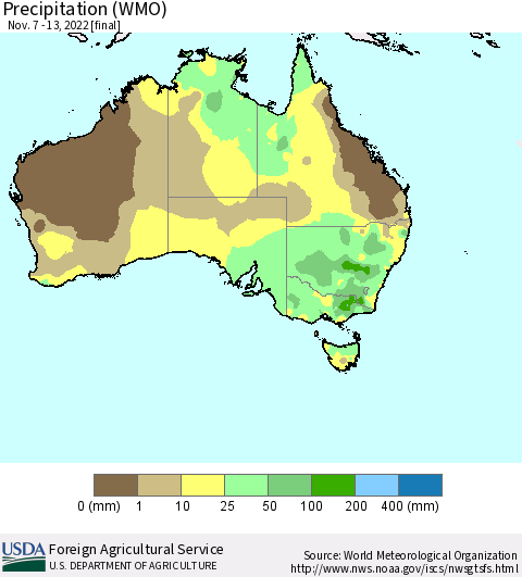 Australia Precipitation (WMO) Thematic Map For 11/7/2022 - 11/13/2022