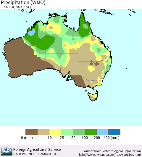 Australia Precipitation (WMO) Thematic Map For 1/2/2023 - 1/8/2023