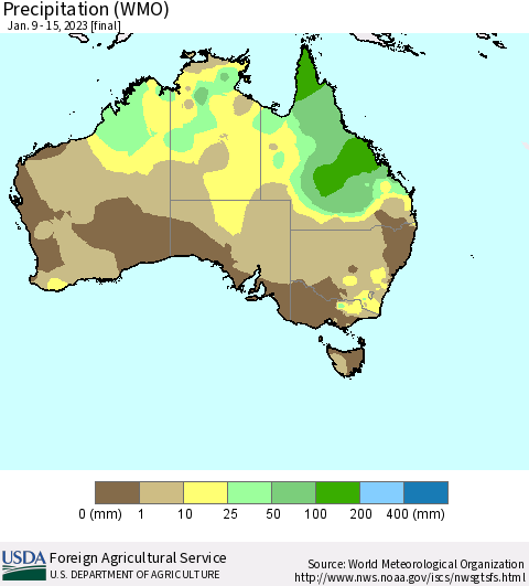Australia Precipitation (WMO) Thematic Map For 1/9/2023 - 1/15/2023