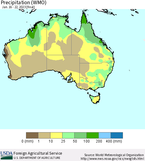 Australia Precipitation (WMO) Thematic Map For 1/16/2023 - 1/22/2023