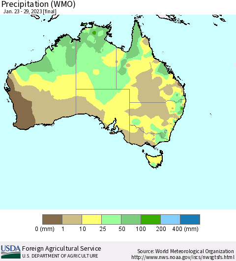 Australia Precipitation (WMO) Thematic Map For 1/23/2023 - 1/29/2023