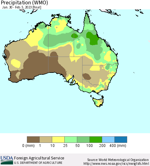 Australia Precipitation (WMO) Thematic Map For 1/30/2023 - 2/5/2023