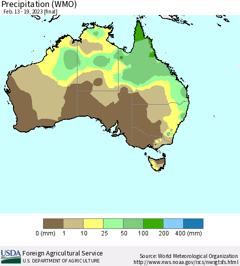 Australia Precipitation (WMO) Thematic Map For 2/13/2023 - 2/19/2023