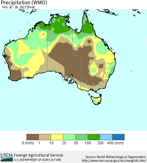Australia Precipitation (WMO) Thematic Map For 2/20/2023 - 2/26/2023