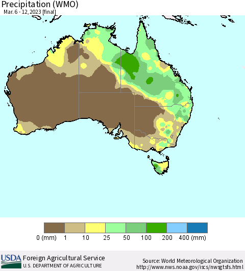 Australia Precipitation (WMO) Thematic Map For 3/6/2023 - 3/12/2023