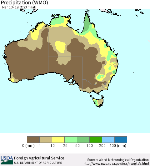 Australia Precipitation (WMO) Thematic Map For 3/13/2023 - 3/19/2023