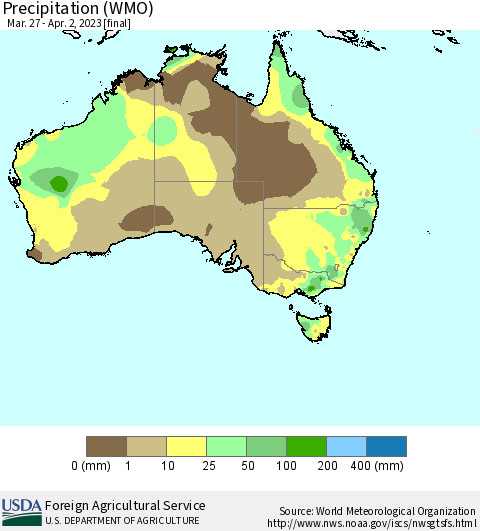 Australia Precipitation (WMO) Thematic Map For 3/27/2023 - 4/2/2023