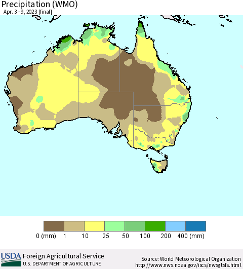 Australia Precipitation (WMO) Thematic Map For 4/3/2023 - 4/9/2023
