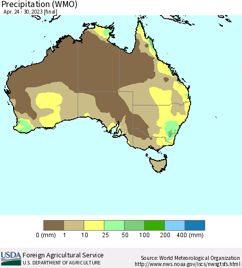 Australia Precipitation (WMO) Thematic Map For 4/24/2023 - 4/30/2023
