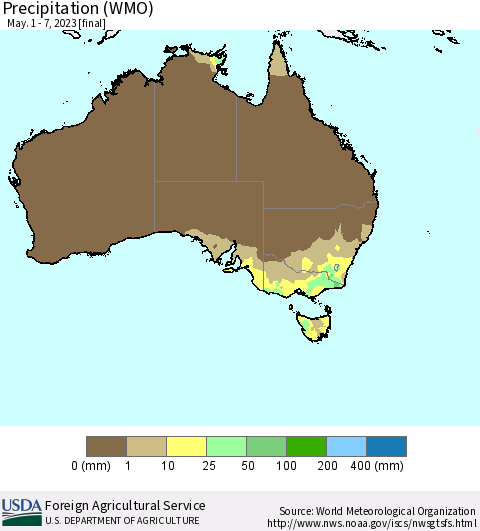 Australia Precipitation (WMO) Thematic Map For 5/1/2023 - 5/7/2023