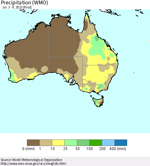 Australia Precipitation (WMO) Thematic Map For 7/3/2023 - 7/9/2023